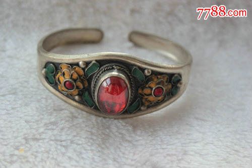 足银景泰蓝镶红宝石开口手镯