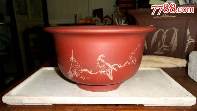 八十年代名家"小石"刻花鸟紫砂花盆花鸟紫砂盆