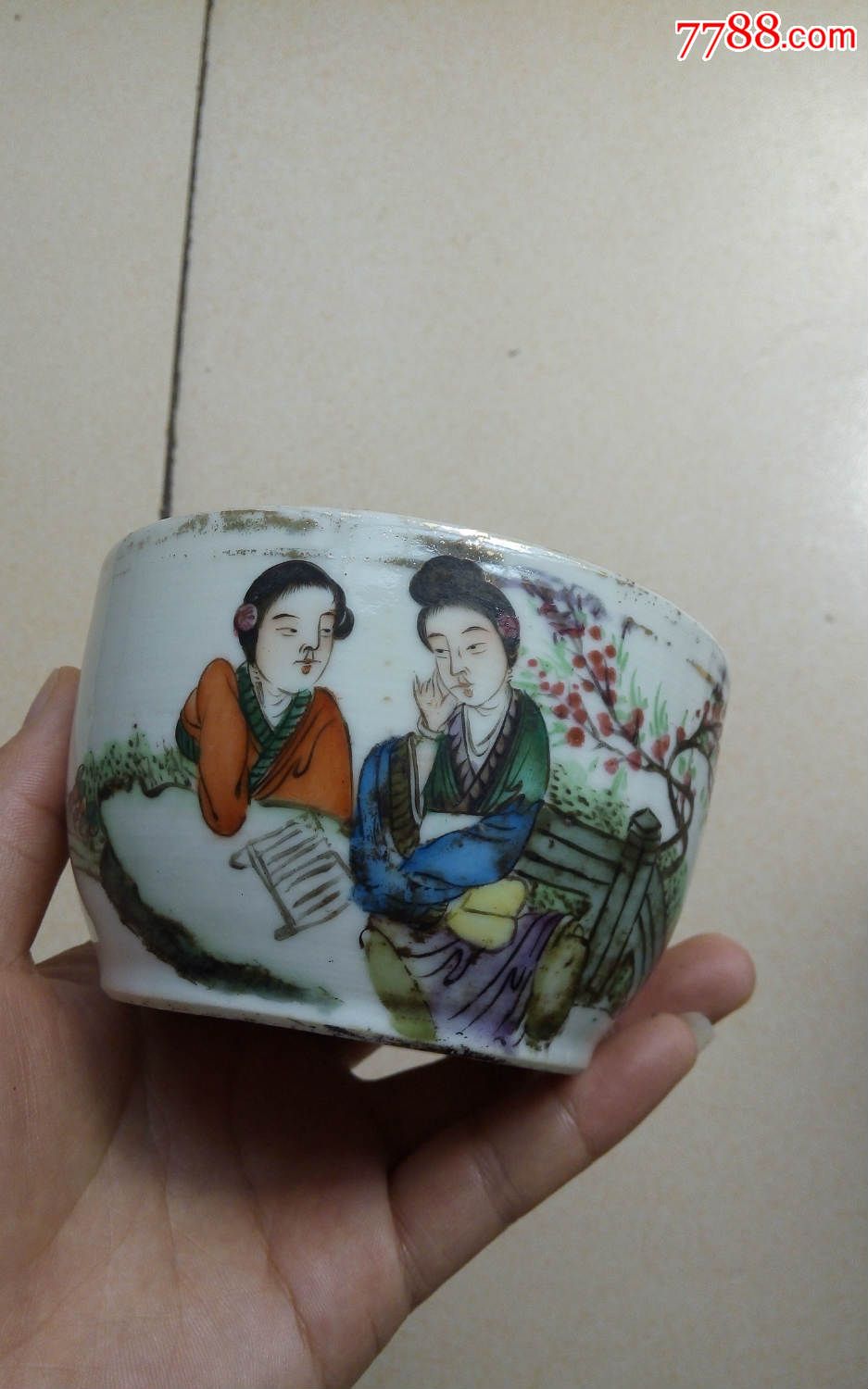 民国刘隆兴款侍女扣碗民国人物扣碗无盖老瓷器落底款古玩