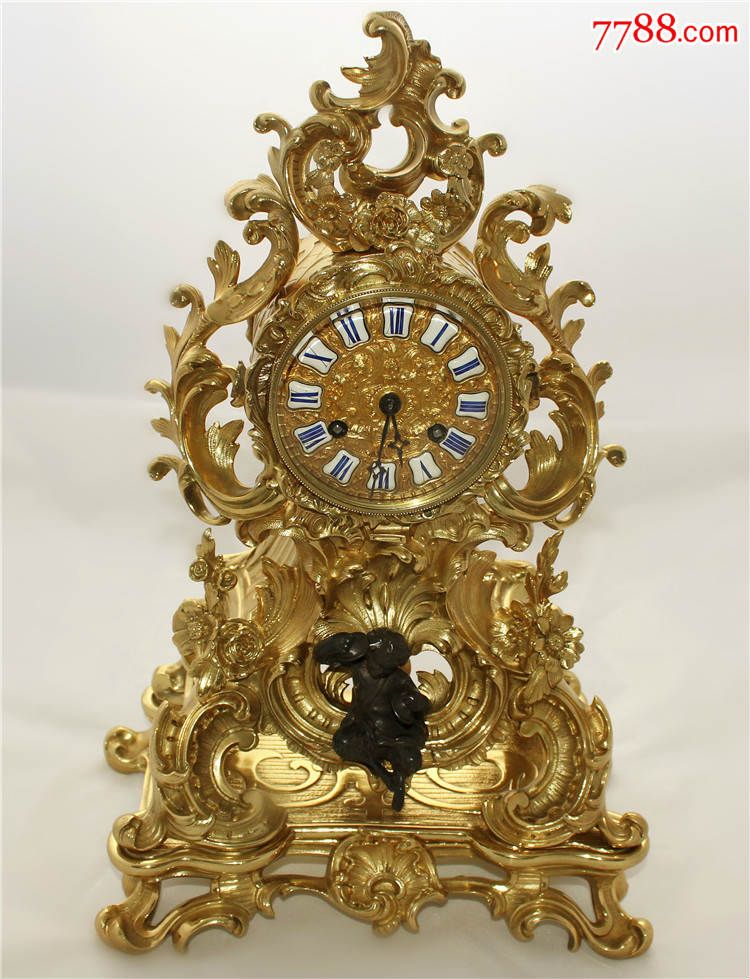 法国1830年西洋古董壁炉钟表高质量铜鎏金两色雕花人物座钟