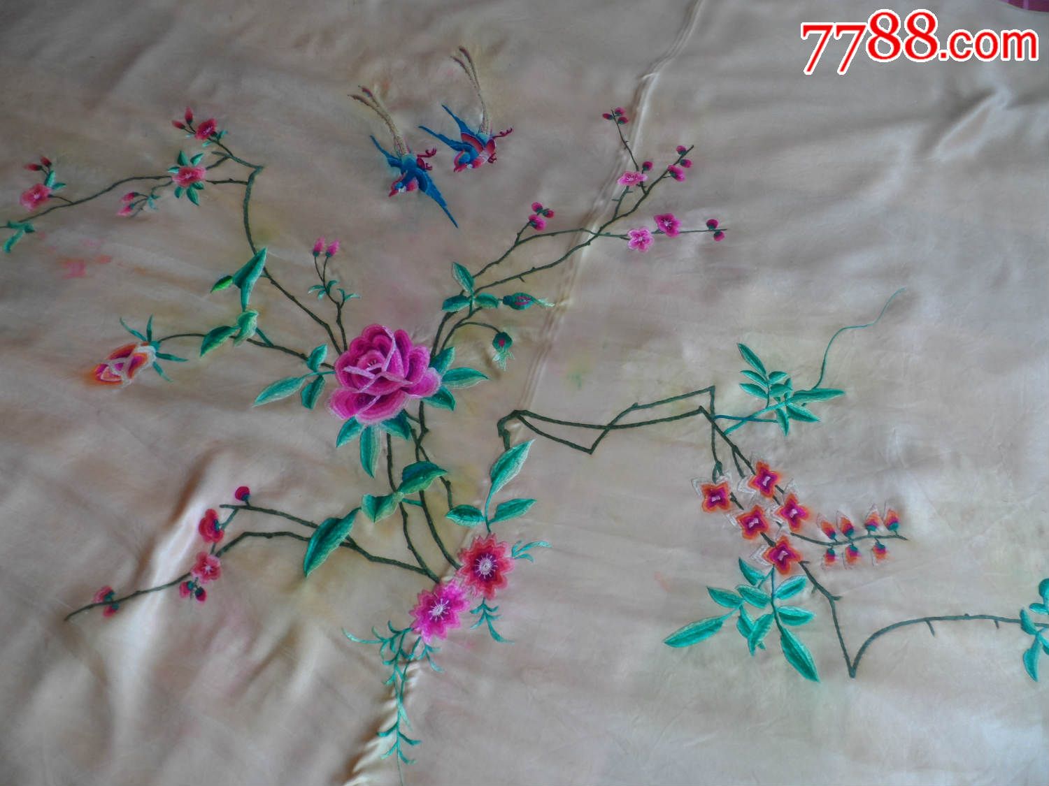 满洲国樱花长尾鸟缂丝床单被面201576