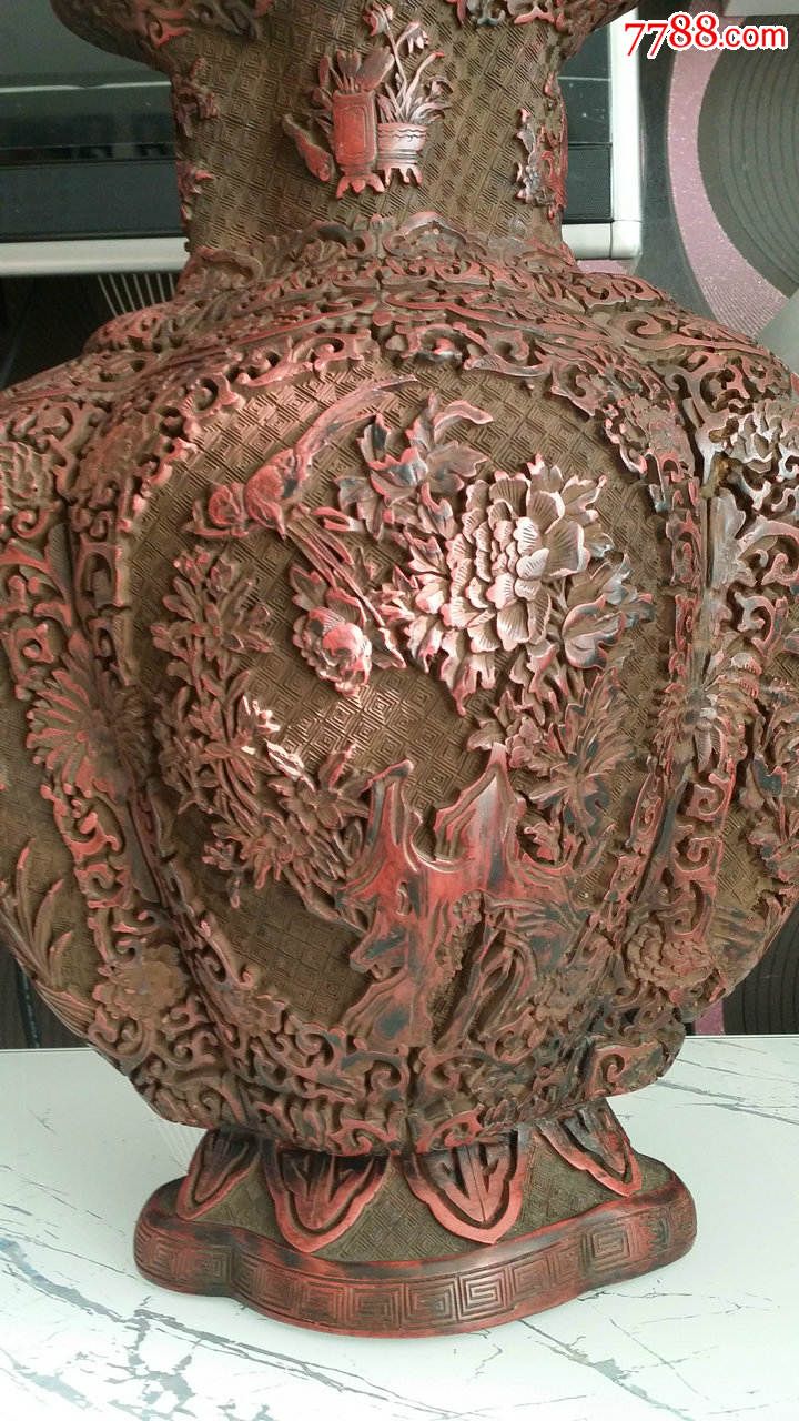 大件老漆器漆雕富贵牡丹大赏瓶摆件高42cm重4.3公斤