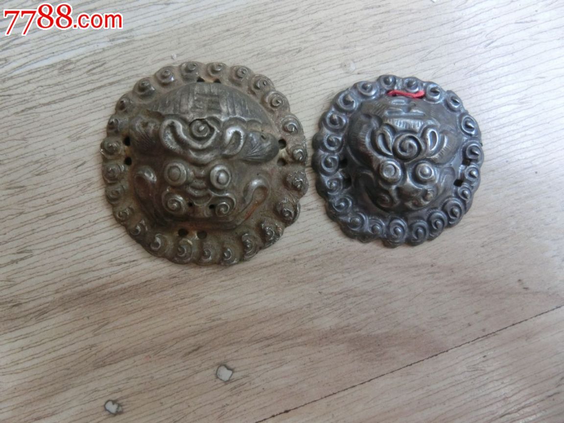 古玩杂项真品民国虎头银饰帽花一对银器水银古包浆完好包老