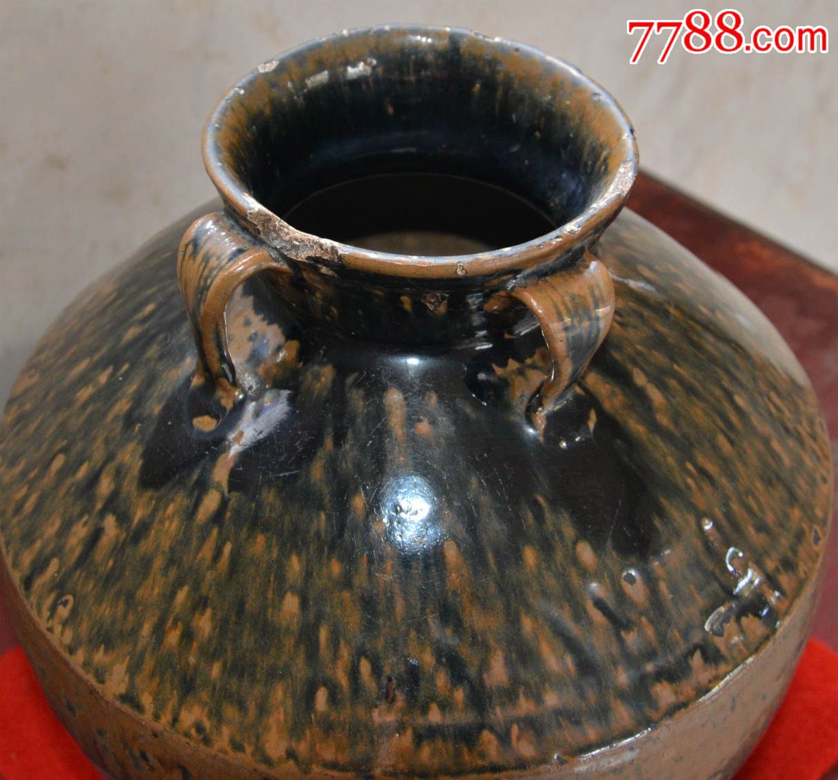 耀州老黑釉窑变四系大罐一只!