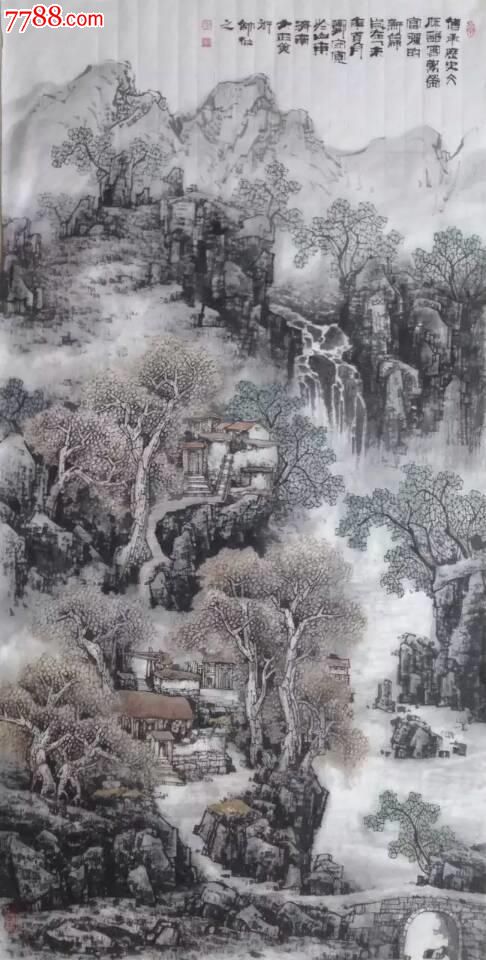 著名山水画大家郑守宽四尺竖幅小写意建筑风景山水画水墨韵味