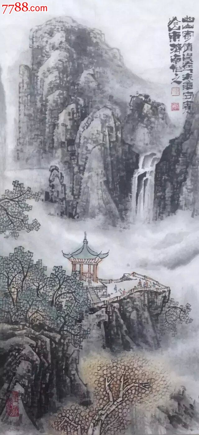 美术馆推荐著名山水画大家郑守宽四尺竖幅小写意建筑风景山水画水墨