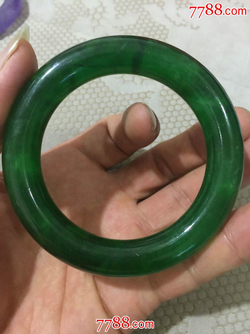 清代翡翠满绿老手镯