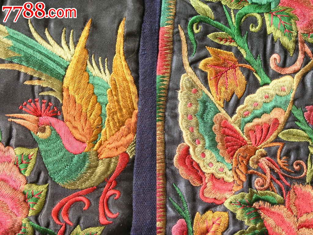 刺繡收藏150802邊疆早期手工滿工疊繡鳳穿花兩條屏鴛鴦底雲繡精品