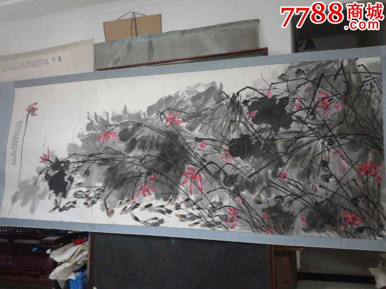 著名画家巨幅荷花画原作尺寸368x145厘米