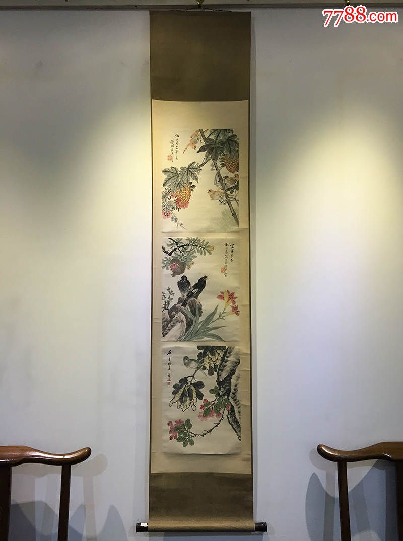 民国花鸟画家钱诗庭花鸟三挖,保真!