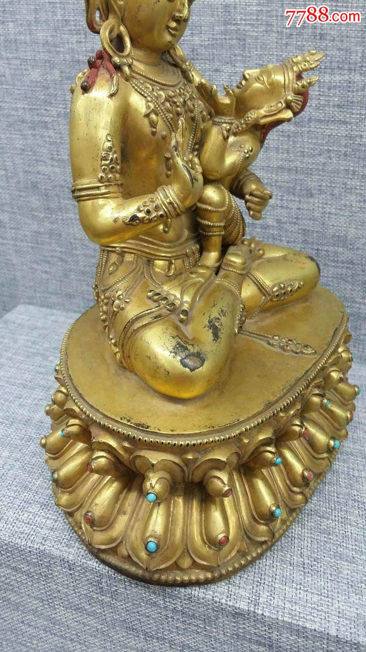 清代老件紫铜鎏金镶宝石莲花座欢喜佛精美佛像高32cm