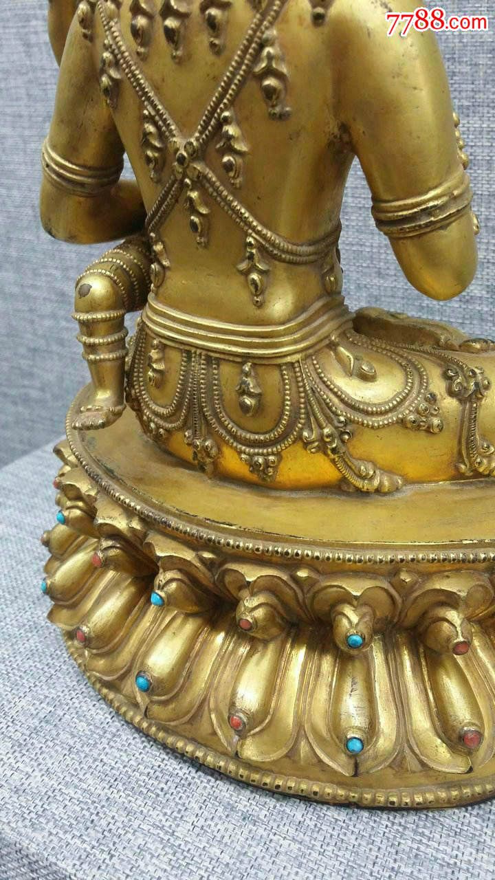 清代老件紫铜鎏金镶宝石莲花座欢喜佛精美佛像高32cm