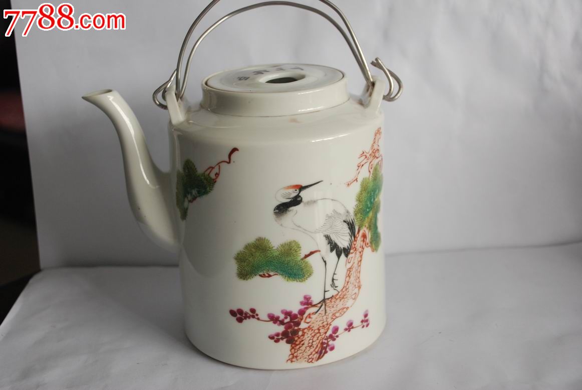 解放初景德镇红旗瓷厂手绘松鹤精神直筒壶