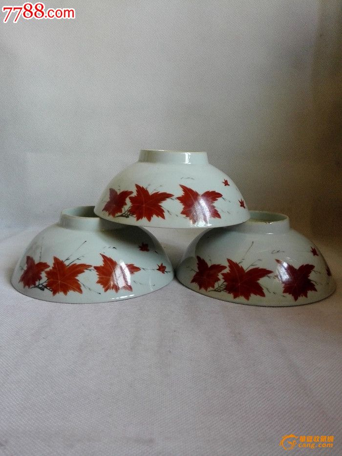 民国钒红枫叶纹大碗3个