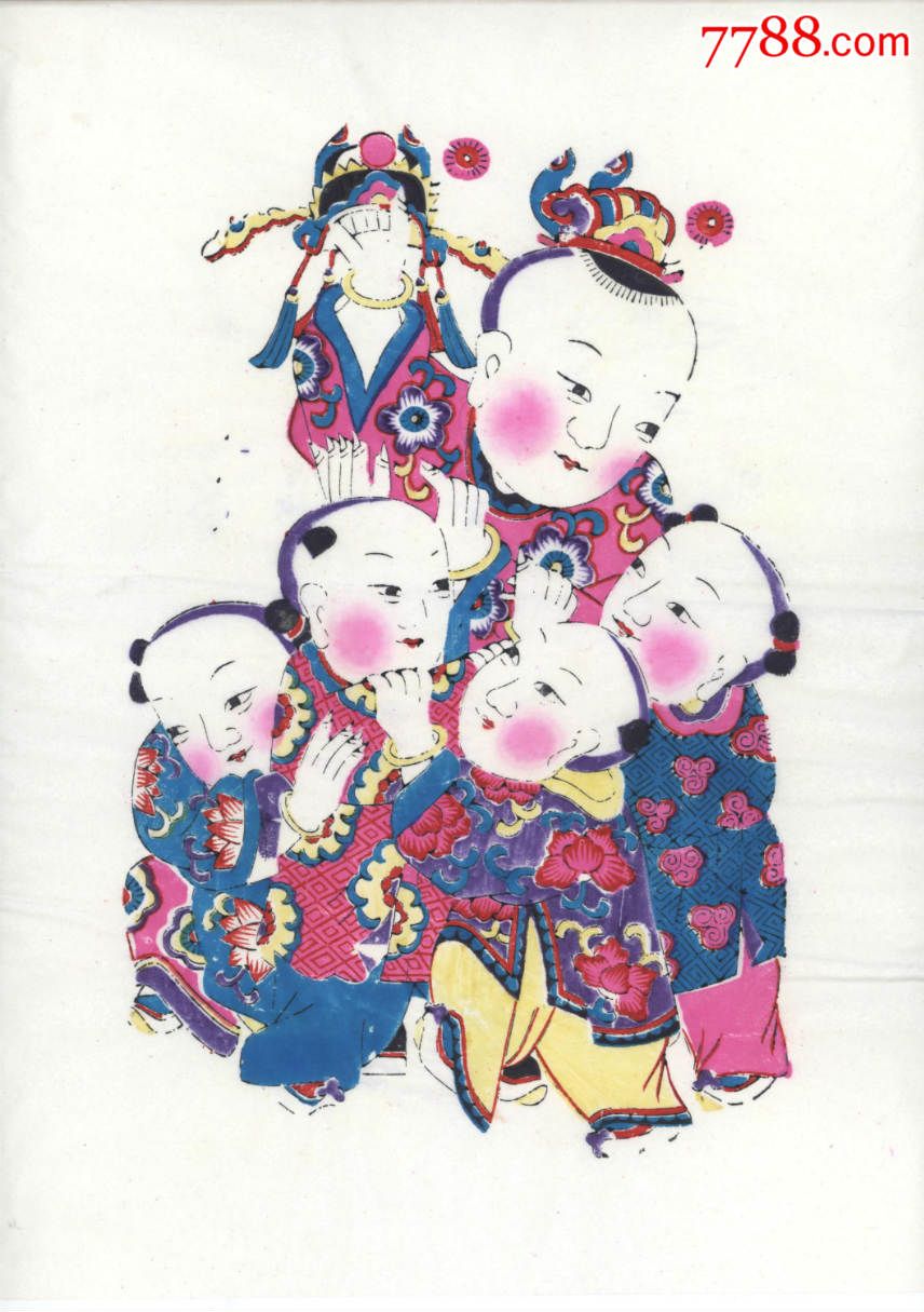 《五子奪魁》山東濰坊楊家埠年畫畫幅尺寸為:46×cm×34cm×2幅