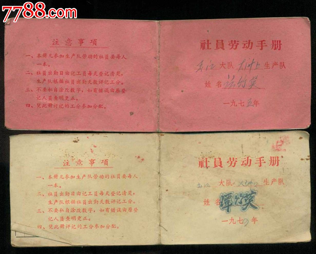 湖南玉江大队大洲上生产队19741975年段竹英社员劳动手册2本