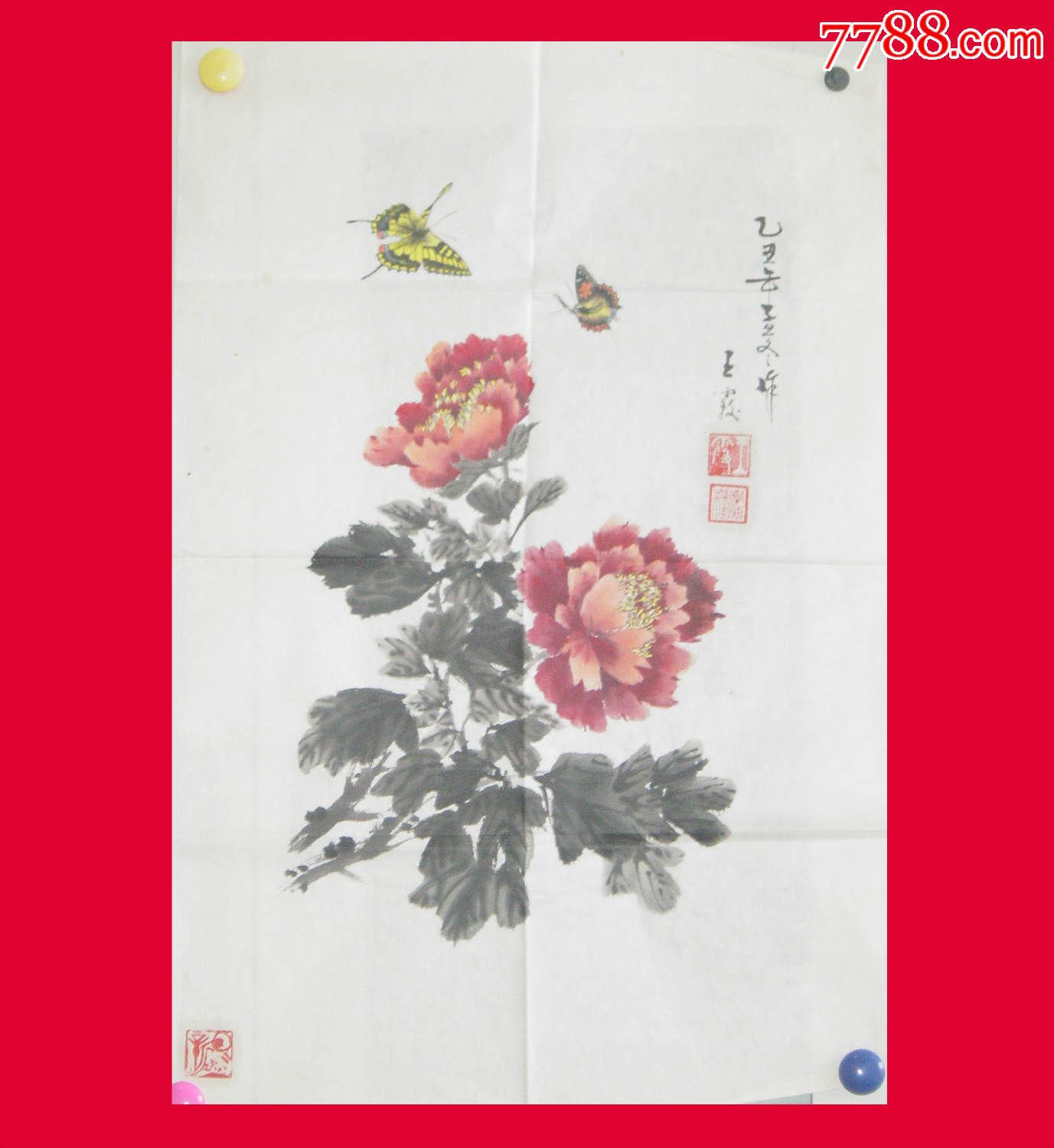 牡丹彩蝶半工笔画家王霞作品未装裱画幅46cm70cm