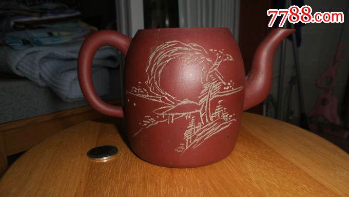 少见壶型名家(蒋永西)岩如刻"洪福制造"民国紫砂茶壶民国紫砂壶身桶