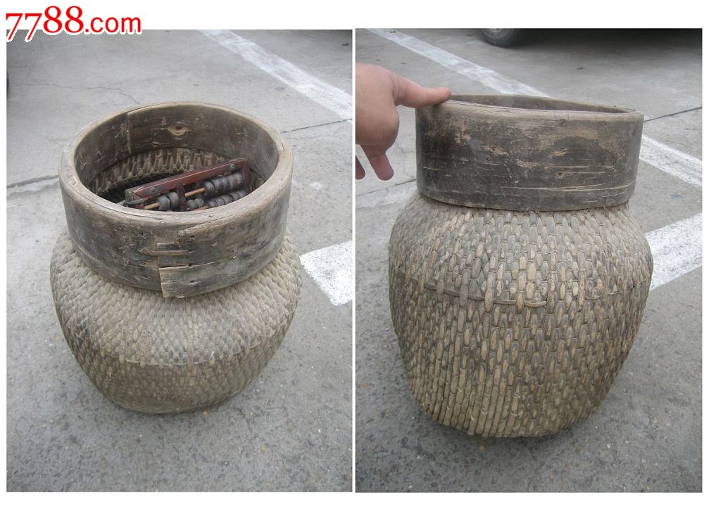 民俗收藏藤条编鱼篓盛粮食钱袋帐篓包宽边上梁用小饽饽篓子大号