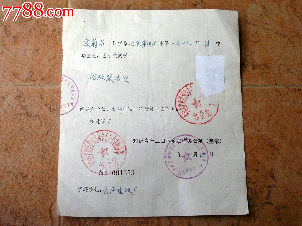 票证收藏1512021979年知识青年上山下乡证明书盖章袁菊英