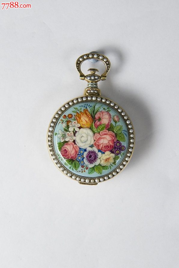 罕见(播喴)大八件珍珠口彩绘珐琅百花图古董老怀表--全原装!