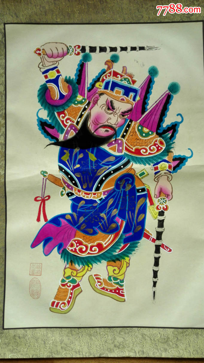 已托裱的包老包真胡明贵绘制木版手绘绵竹年画《双扬鞭》5