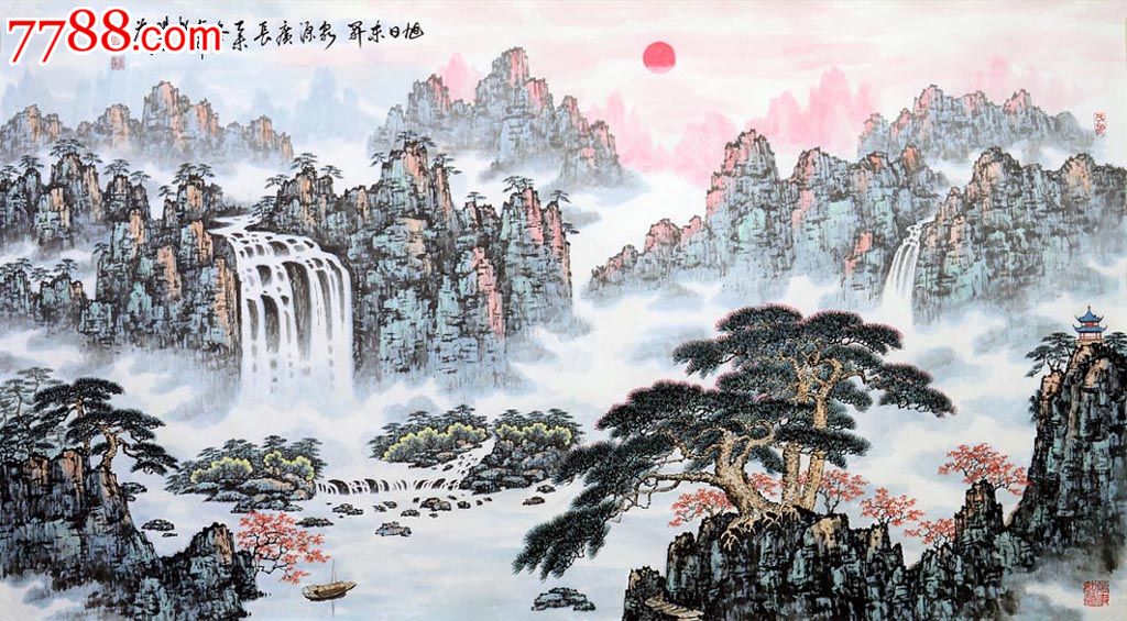 陈贞瑞六尺写意山水旭日东升泉源广长