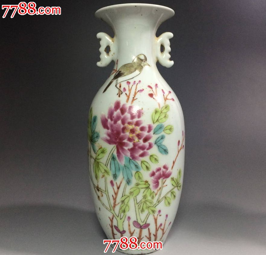 清末民国名家汪眉粉彩花鸟赏瓶