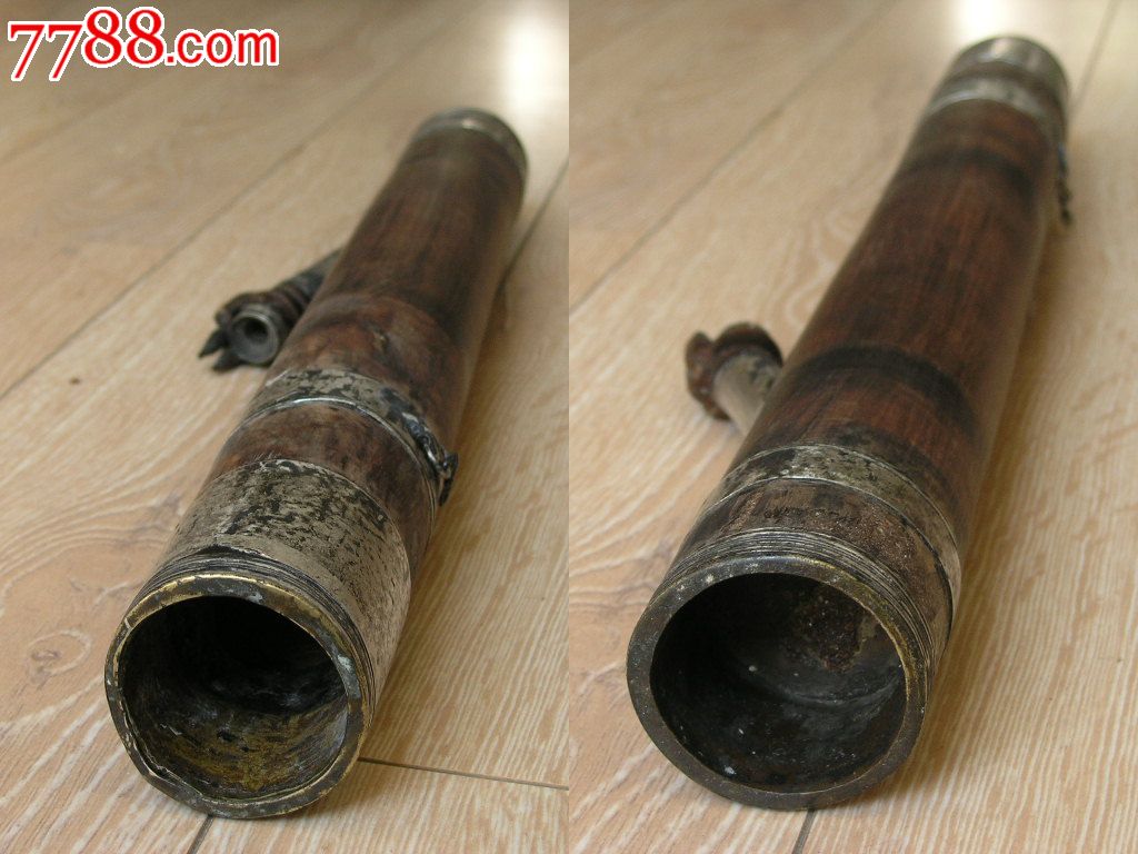 烟具收藏160101-民国边疆手工制中号瘿木包银箍水烟筒