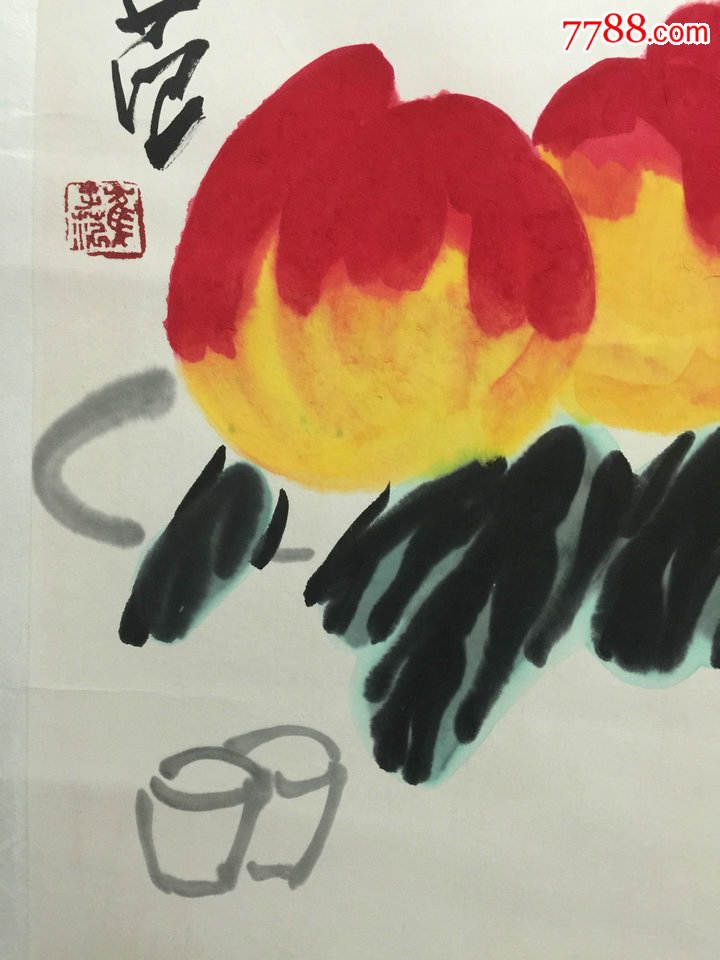 民间收丁未秋九月崔子范款"寿桃图",大笔墨重彩得八大吴昌硕陈师曾笔
