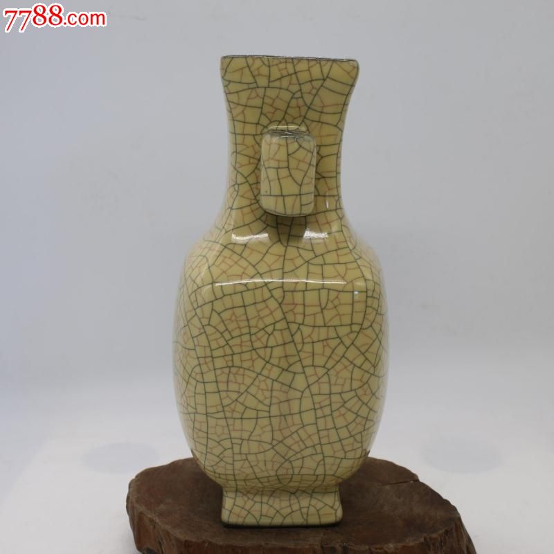 宋哥窑米黄釉金丝铁线贯耳瓶_黄釉瓷_收藏价格_鉴定交易_7788瓷器网