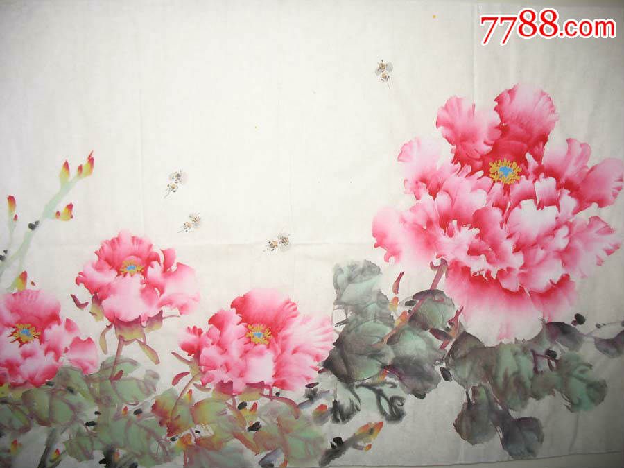 推荐收藏名家莫林四尺对开牡丹精品1813花开富贵真迹