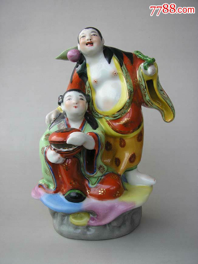 七十年代粉彩双莲和合二仙瓷雕