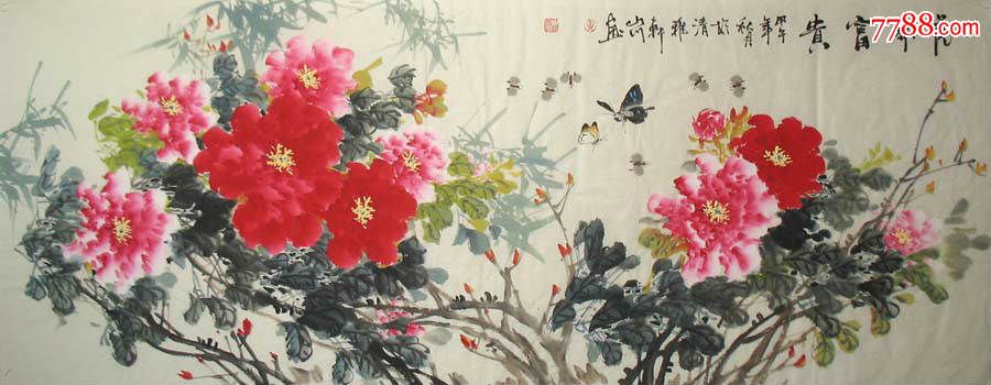 国画纯手工实力画家黄山川小六尺花鸟牡丹(花开富贵)1827