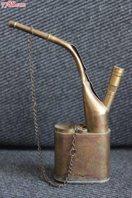 老黄铜水烟壶旱烟雕花年年有余财神到双面工图案17.5cmyy.274