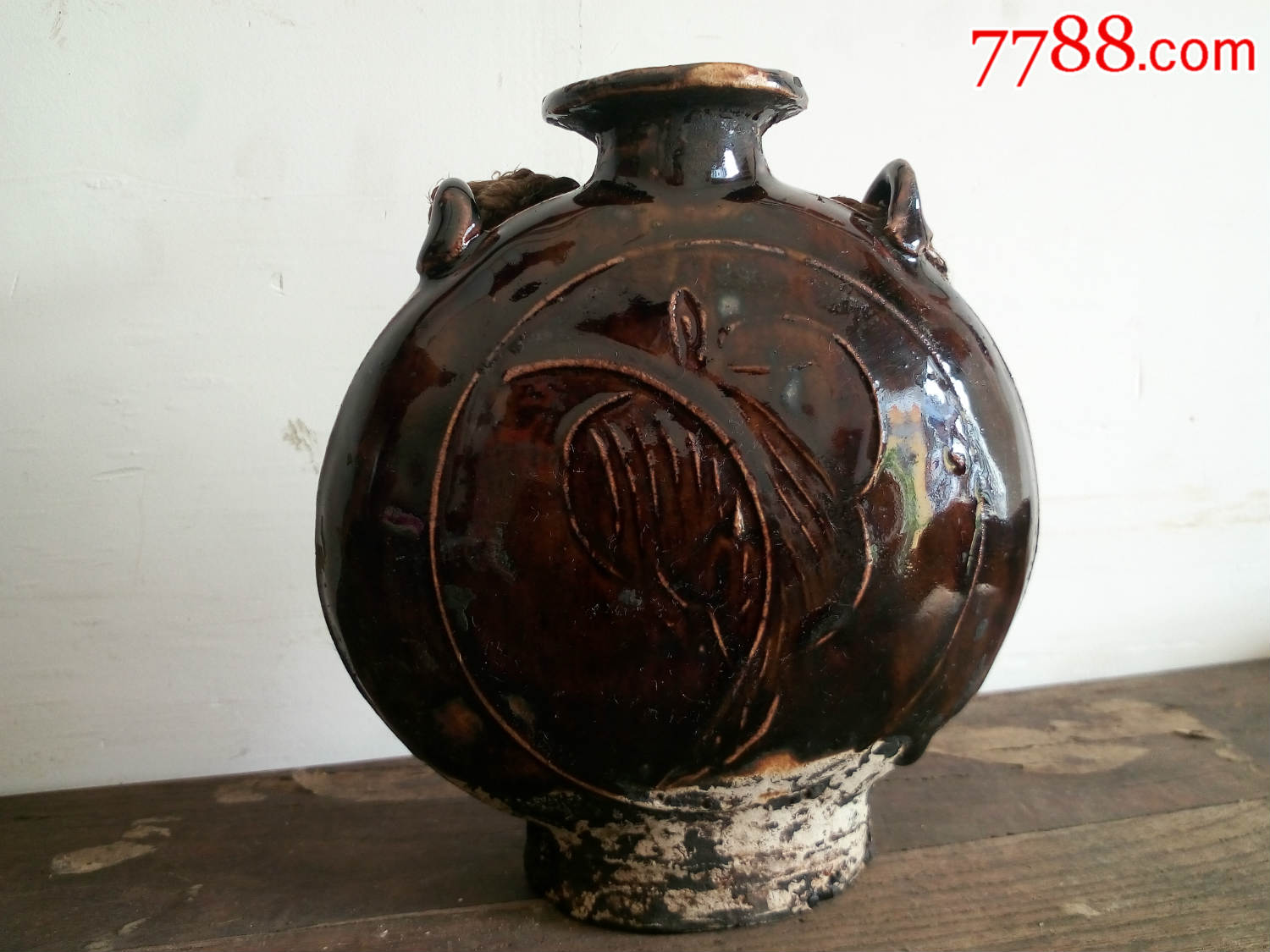 民国酱釉辽金雕花扁壶稀有老瓷器酒具收藏民俗摆件文化展览包老