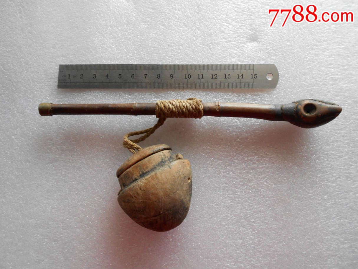 竹制包刻花铜片烟杆一套.