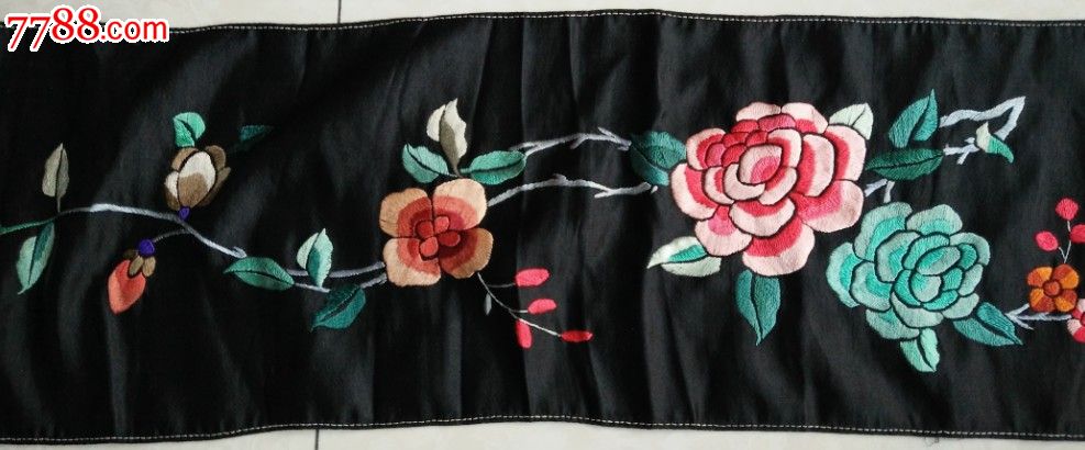 民国绣工特别精美全品花卉图黑底老刺绣绣品绣片长条包老怀旧收藏