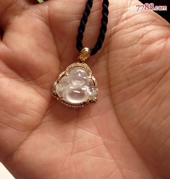 冰玻种翡翠镶嵌k金钻石弥勒佛小挂件带证书