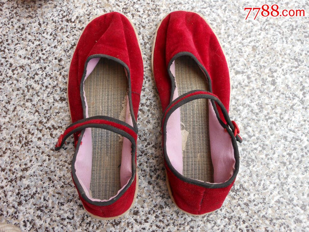 鞋文化旧鞋女布鞋;女士一带鞋纯手工制做白塑料底红色平绒面37码