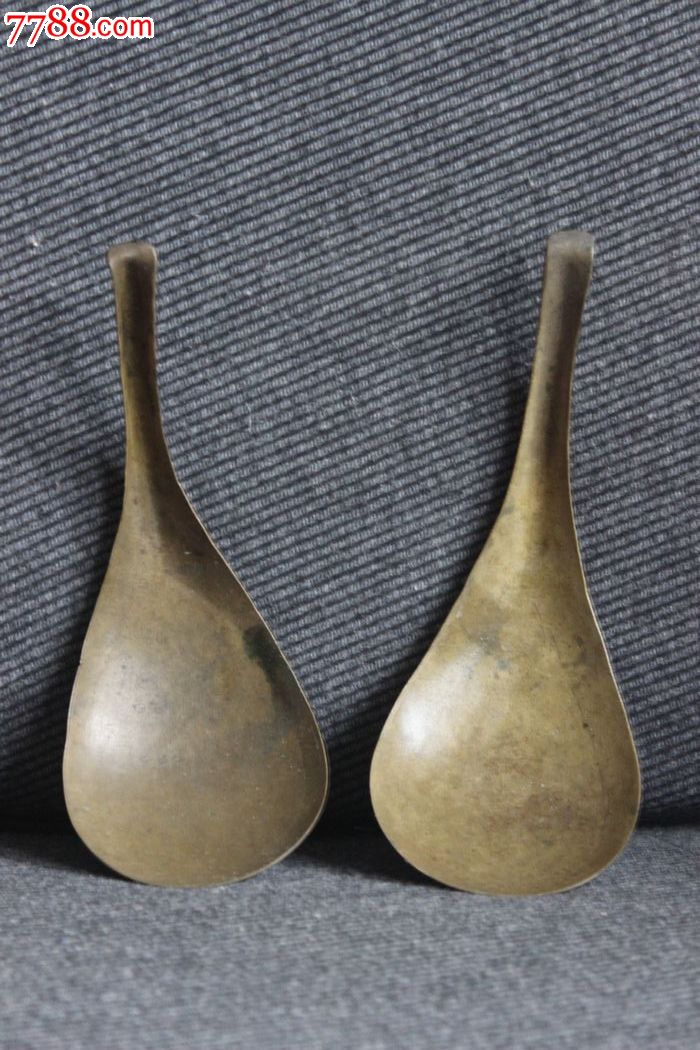 清代民国老铜勺大调羹纯黄铜保真一对走长20cm宽8cmyy.782