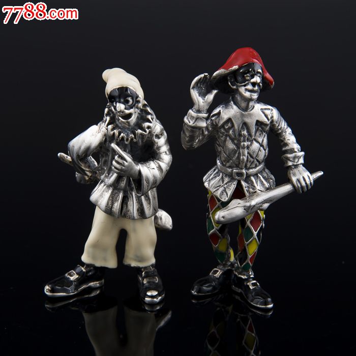 约136克意大利纯银珐琅彩滑稽小丑摆件1对西洋古董银器收藏