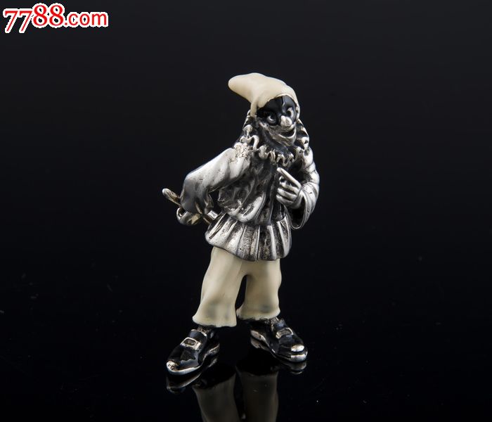 约136克意大利纯银珐琅彩滑稽小丑摆件1对西洋古董银器收藏