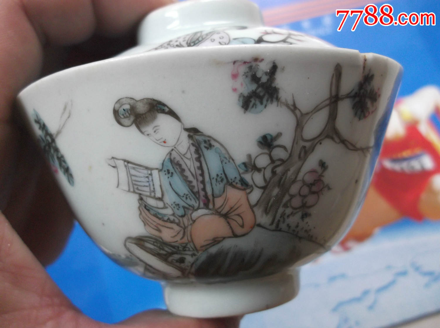 清末民国名家胡子林手绘粉彩细路薄胎人物小碗茶扣标本包老怀旧