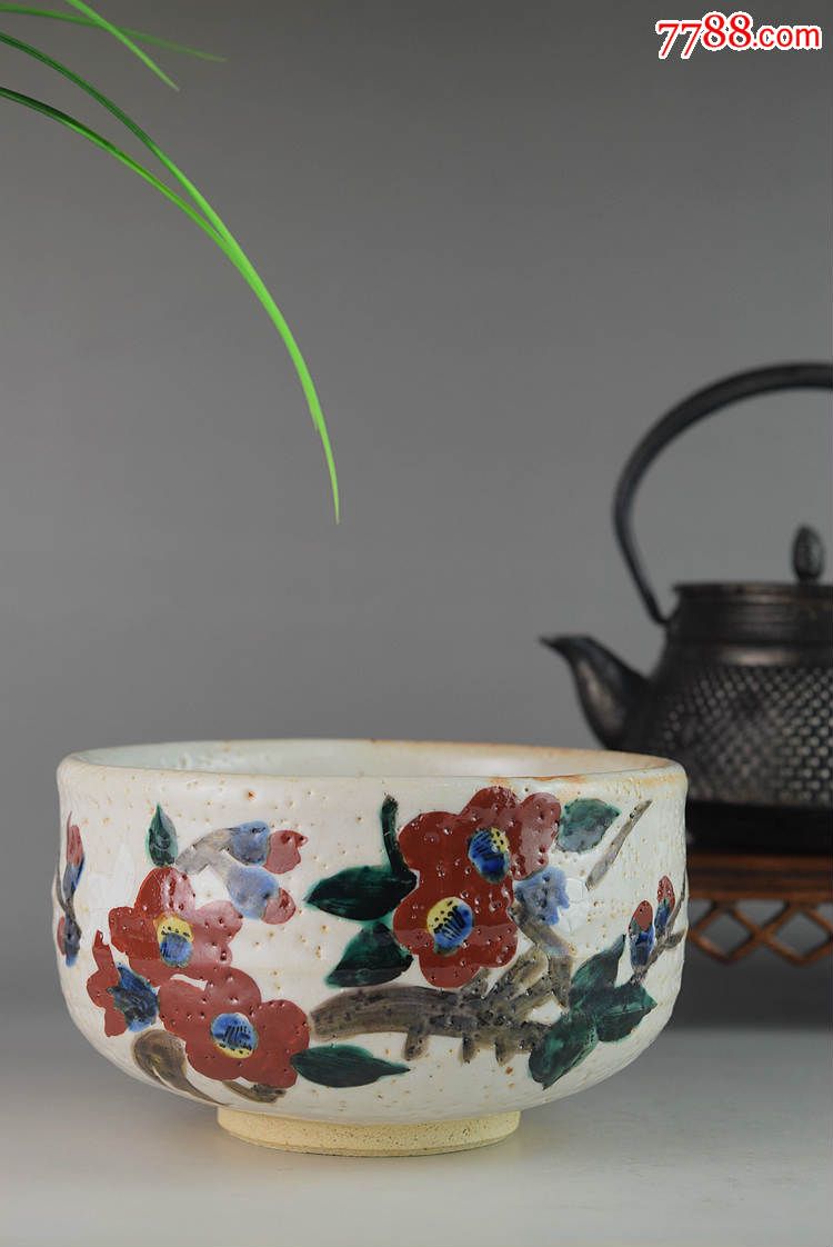 日本古董收藏品九穀燒松月作松花卉茶盞茶碗配原盒茶具茶道