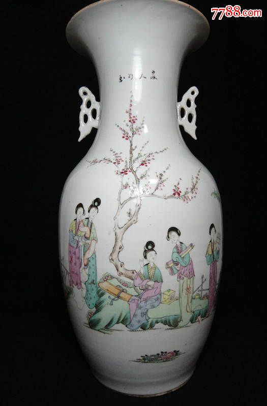 民国名家罗子文粉彩桃花女人物大瓶