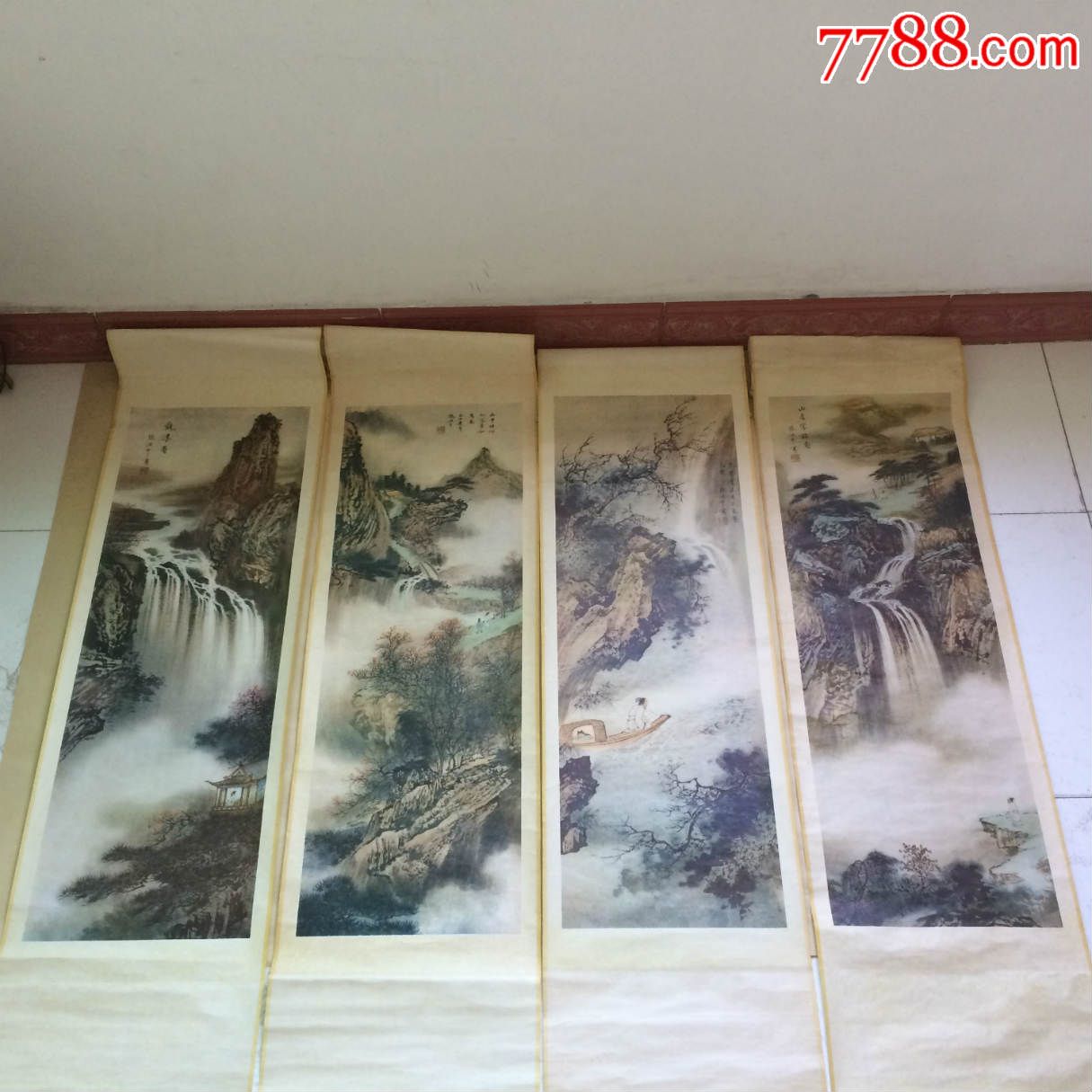 观瀑图(4条屏一套全)张洪千作,天津杨柳青1986年1版1印