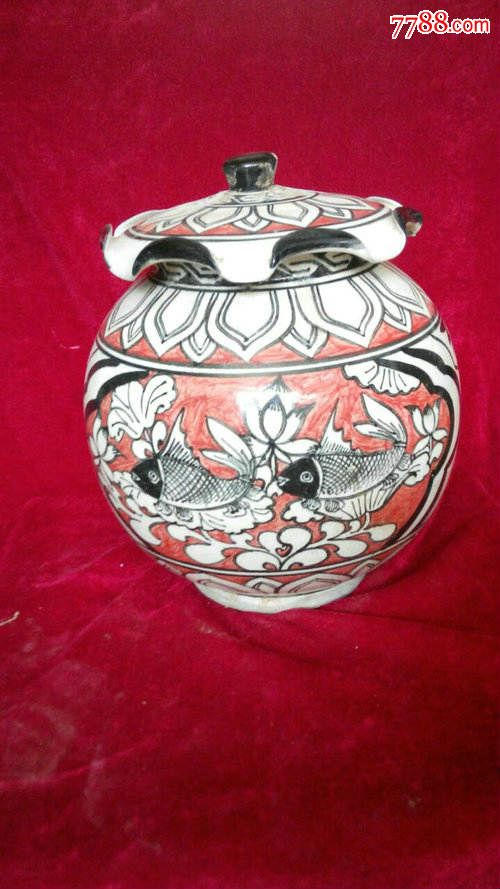 磁州窑红绿彩盖罐