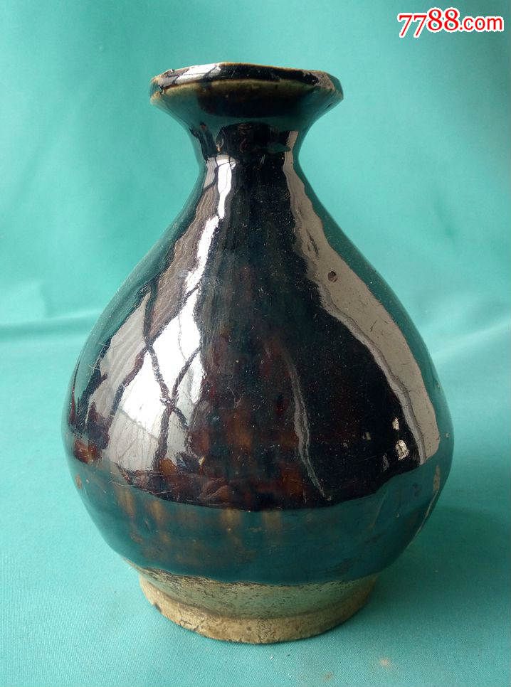 老瓷器明代磁州窑茶黑釉玉壶春瓶底款少见品完好