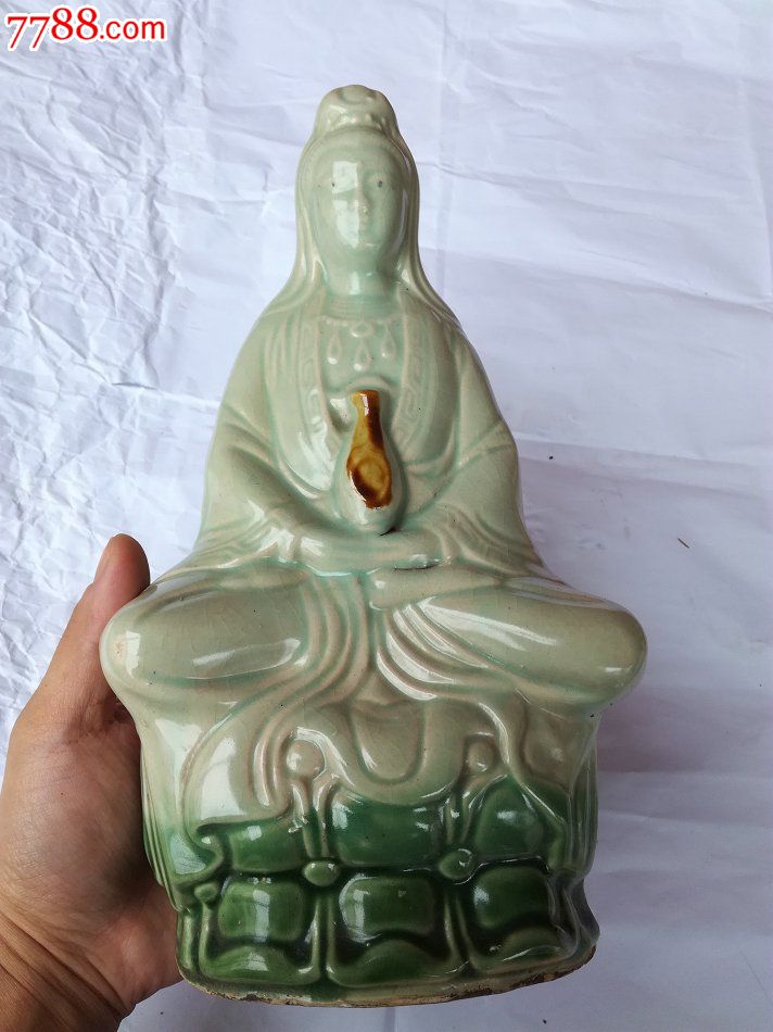 工艺瓷绿釉瓷菩萨观世音水瓶观音27厘米高